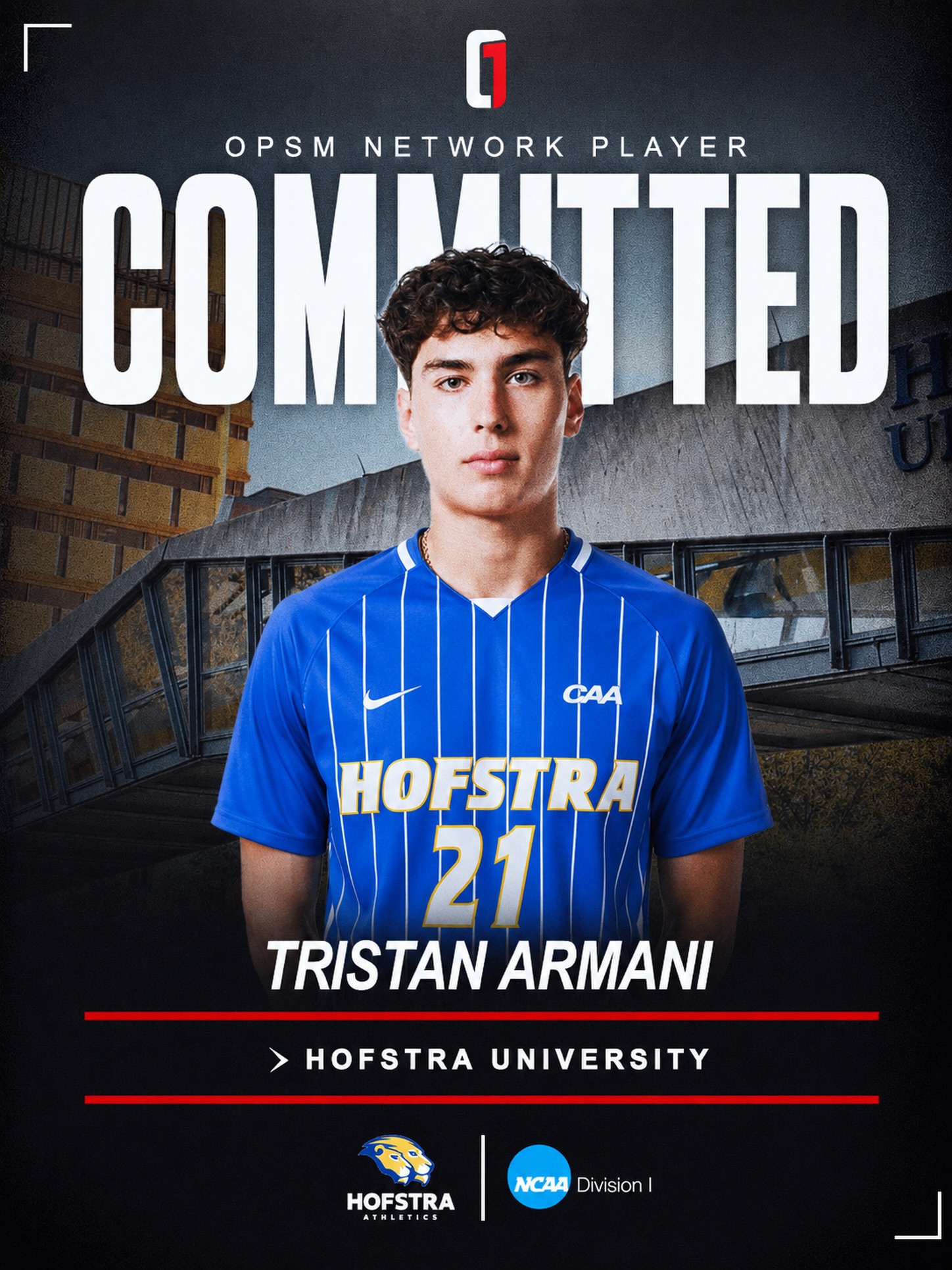 OPSM commitment graphic for Tristan Armani to Hofstra University